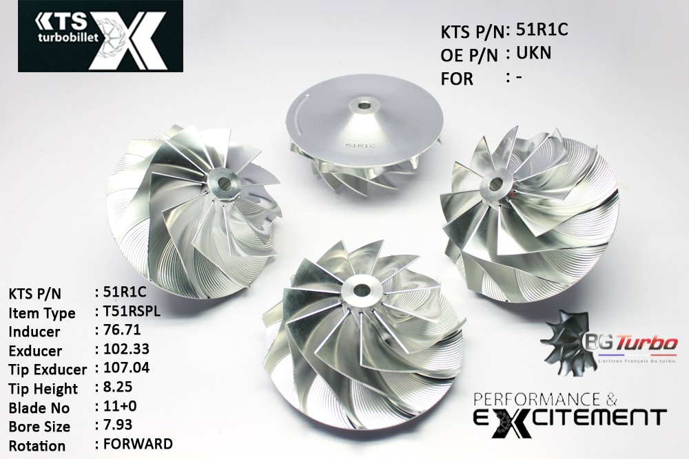 Turbo ROUE FORGÉE MFS PERFORMANCE - 11+0 PALES - INDUCER : 76,71 - EXDUCER : 102,33 - TYPE : T51RSPLANGLE : 60° - ROTATION : Forward - SUPER BACK : 8,2 - BORE SIZE : 7,93
